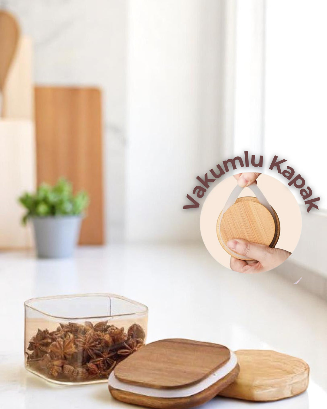 6'lı Akasya Vakumlu Kapaklı Kare Cam 350 mL Kahvaltılık Seti, Çok Amaçlı Cam Çerezlik