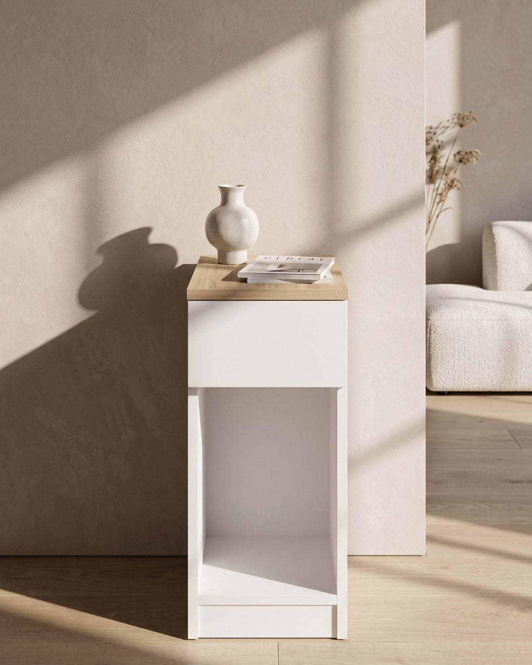 ORA Yan Sehpa - Meşe Tablalı Modern C Sehpa - Açık Raflı Minimal Koltuk Yanı Sehpası