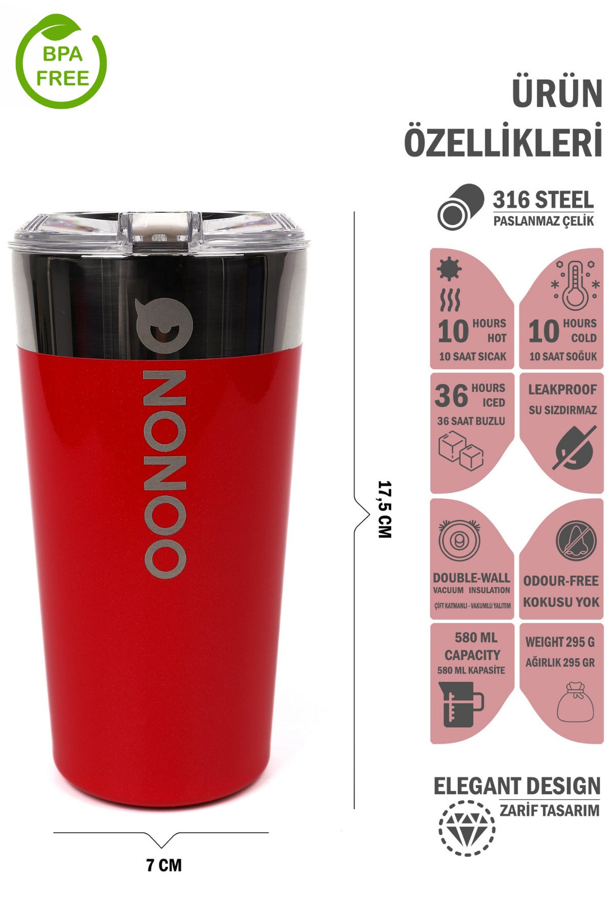 Nonoo Paslanmaz 316 Çelik Vakumlu 580mL Termos, Termos Bardak, Transit Mug Sarı
