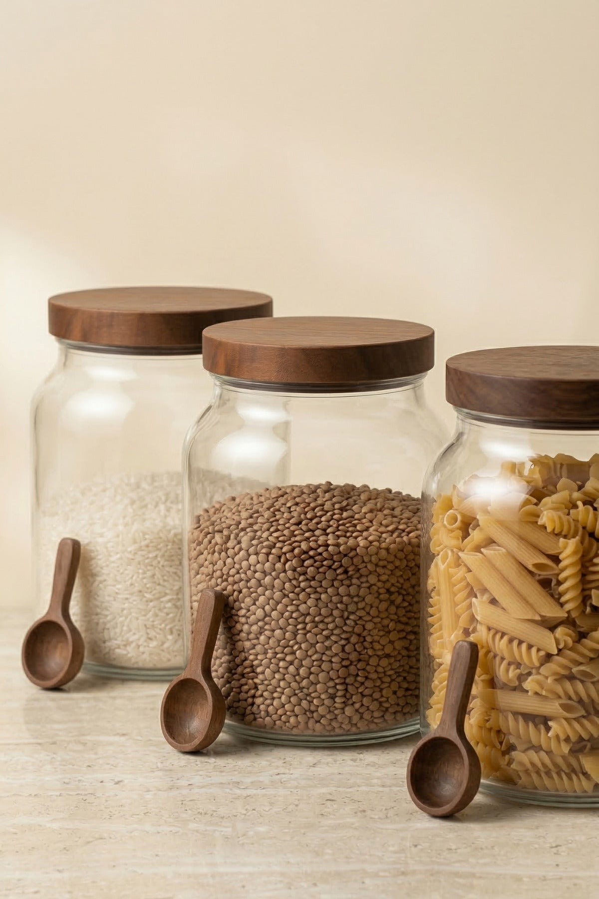 ARDEN 2000 ML 3'lü Set Cam Kavanoz Akasya Kapaklı – Büyük Boy Erzak Saklama Kavanozu