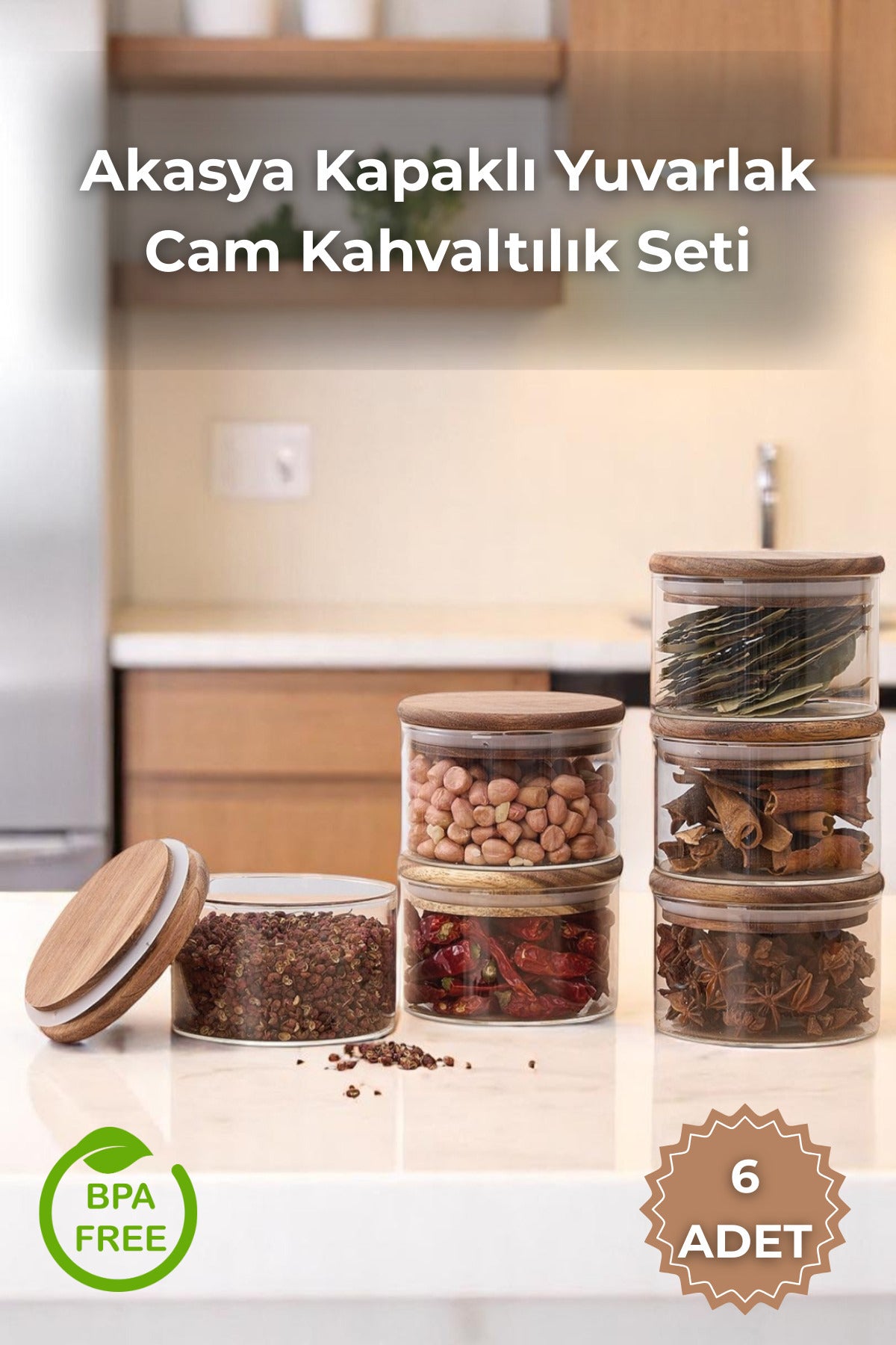 6'lı Akasya Kapaklı Cam 300 mL Kahvaltılık Seti