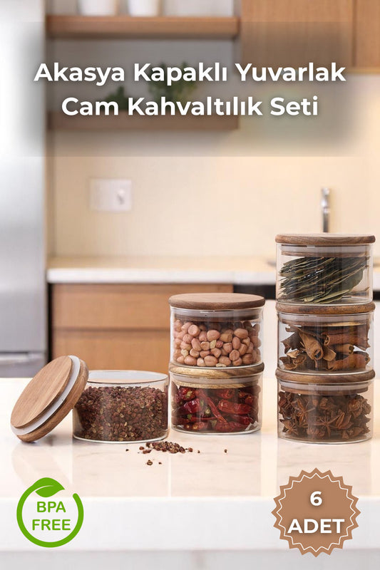 6'lı Akasya Kapaklı Cam 300 mL Kahvaltılık Seti