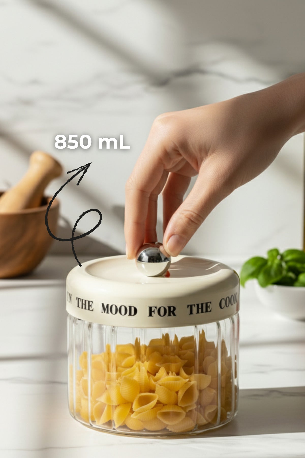 MOOD Krem Çizgili Vakum Kapaklı Motto Cam Kavanoz, Baharatlık, Şekerlik 850 mL