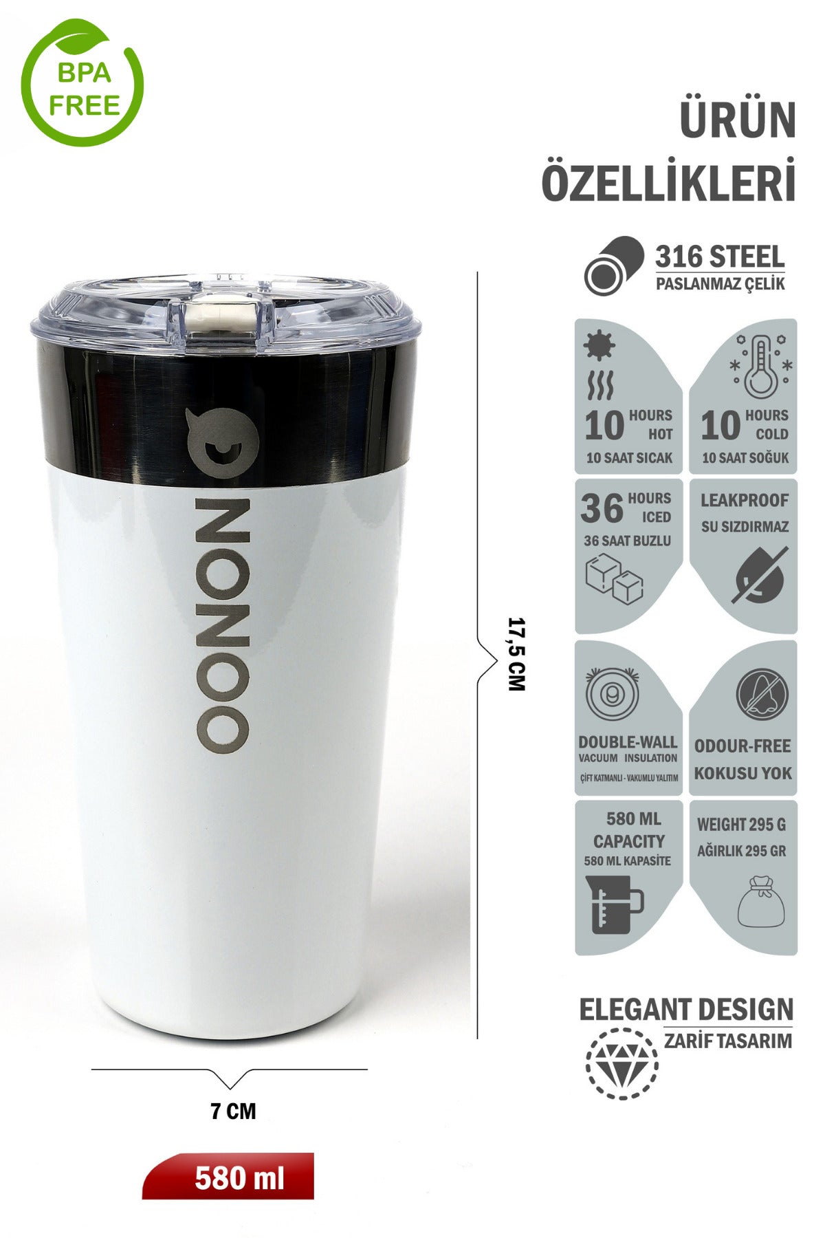 Nonoo Paslanmaz 316 Çelik Vakumlu 580mL Termos, Termos Bardak, Transit Mug Sarı