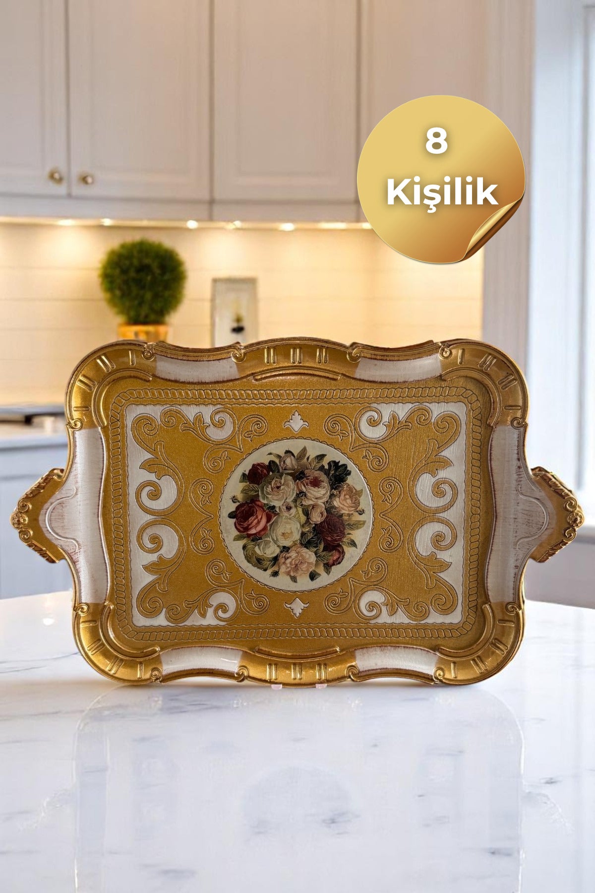 İtalyan Gül Ağacı El Yapımı Tepsi (8 Kişilik) — 8 kişilik set bilgisiyle mutfakta ürün görünümü