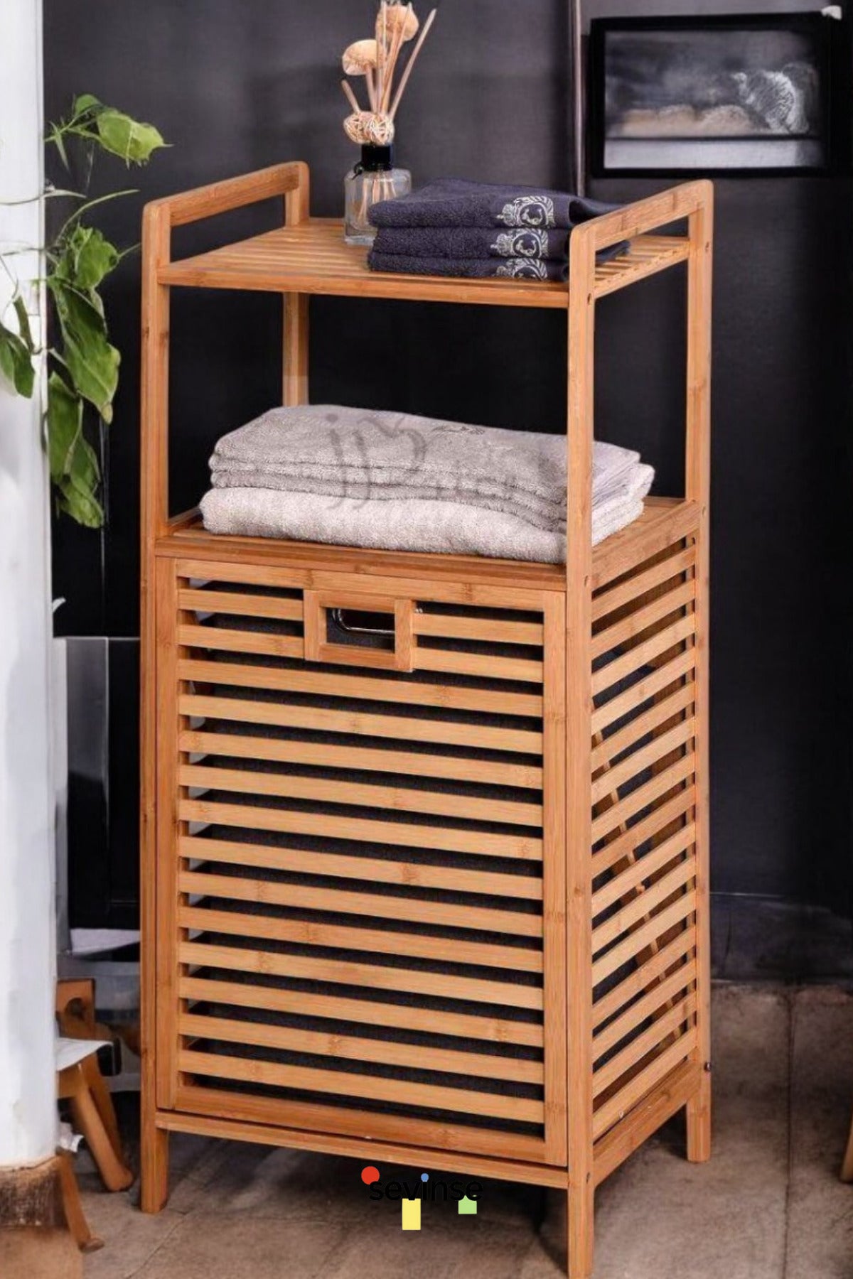 Bambu Kirli Sepetli 2 Raflı Çok Amaçlı Banyo Düzenleyici Çamaşır Sepeti Organizer
