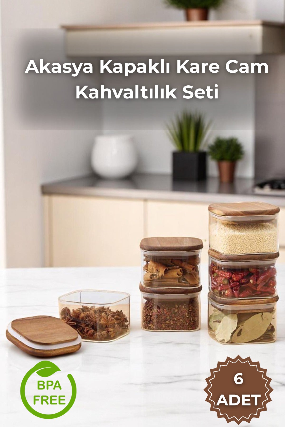 6'lı Akasya Vakumlu Kapaklı Kare Cam 350 mL Kahvaltılık Seti, Çok Amaçlı Cam Çerezlik