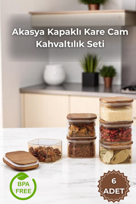6'lı Akasya Vakumlu Kapaklı Kare Cam 350 mL Kahvaltılık Seti, Çok Amaçlı Cam Çerezlik