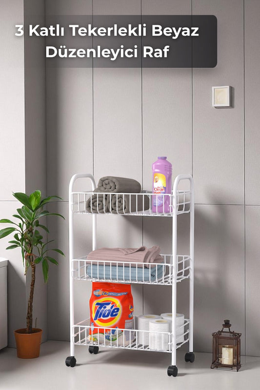 3 Katlı Beyaz Tekerlekli Banyo Rafı, Mutfak Rafı, Deterjanlık, Sebzelik, Makyaj Çok Amaçlı Organizer