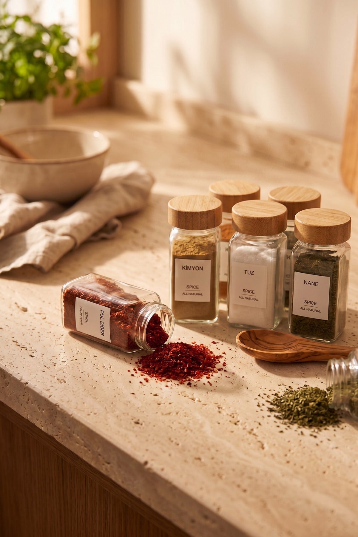 Natura 12’li Bambu Kapaklı Baharatlık Seti 120 mL - 16 Adet Etiket