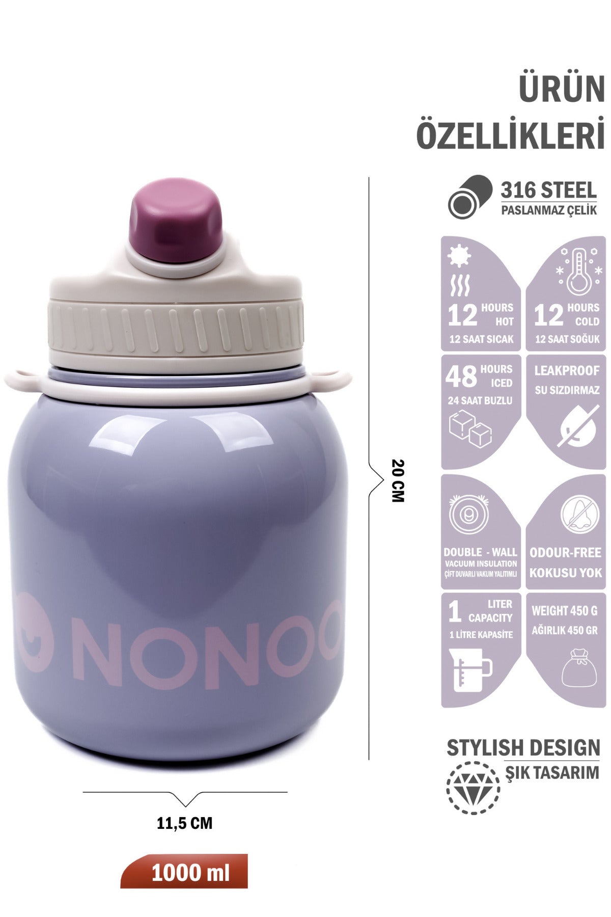 Nonoo 316 Çelik 1 Litre Mor Termos - Çift Katmanlı Yalıtım, Koku Tutmaz, Hafif ve Sağlam