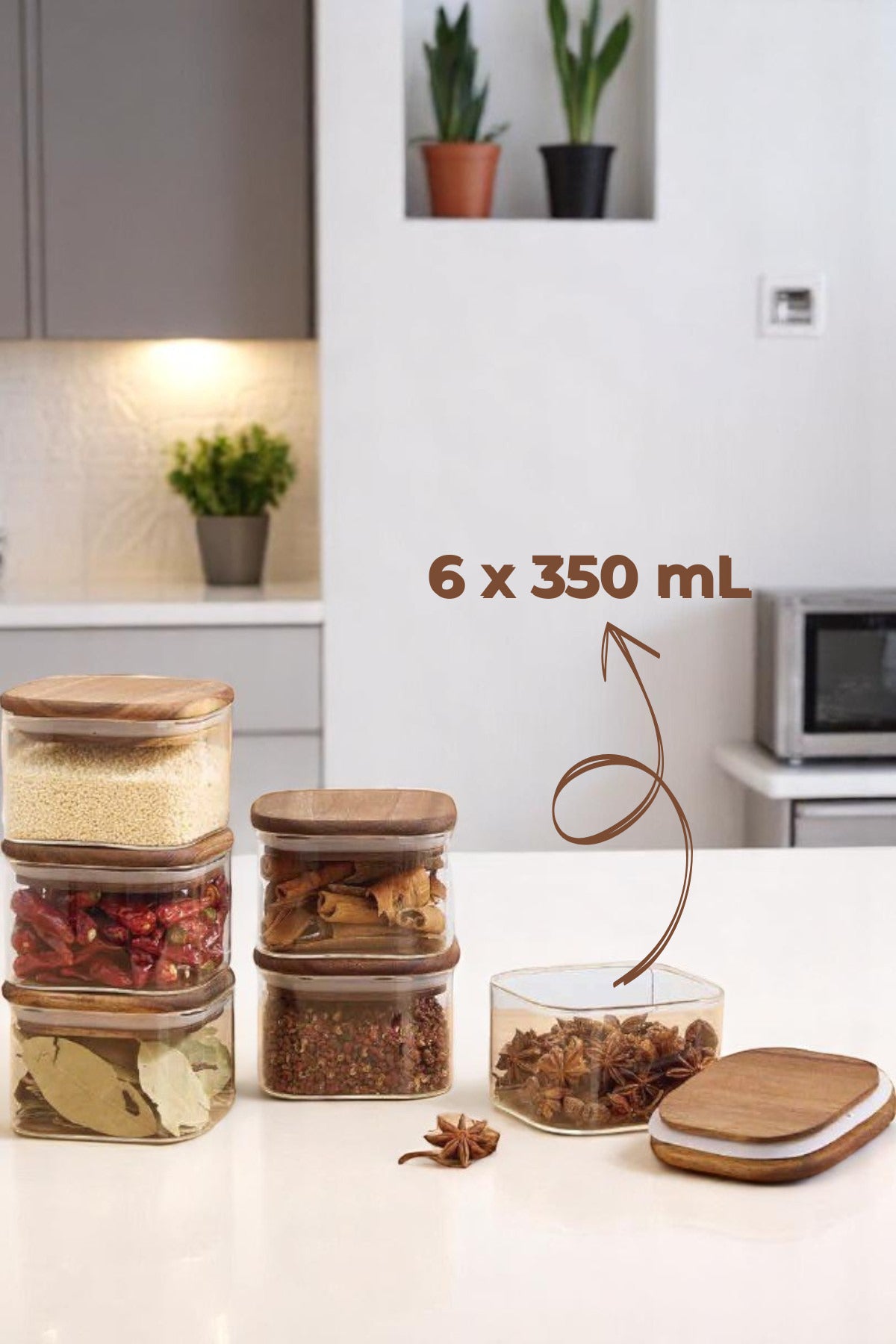 6'lı Akasya Vakumlu Kapaklı Kare Cam 350 mL Kahvaltılık Seti, Çok Amaçlı Cam Çerezlik