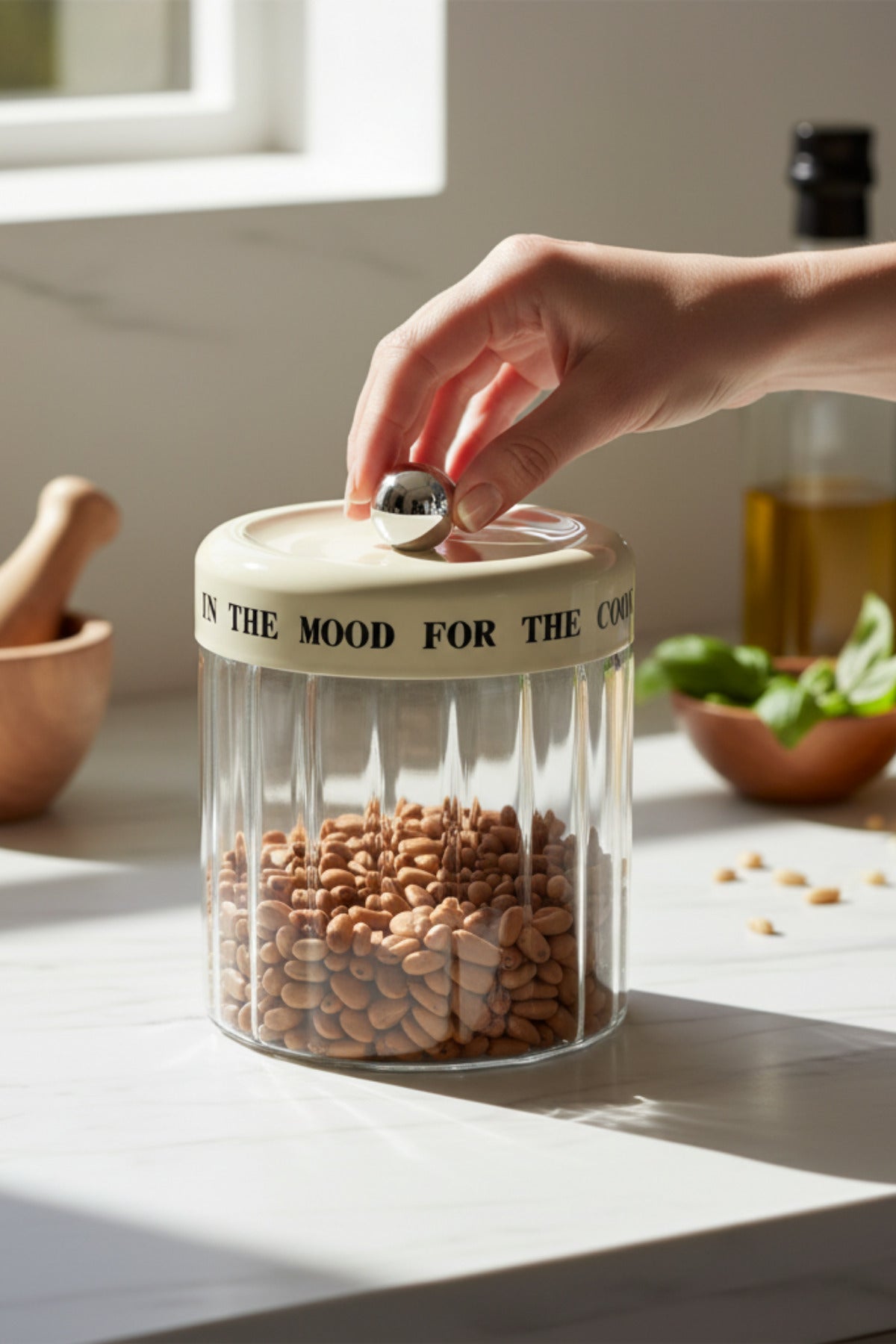 MOOD Krem Vakum Kapaklı Motto Cam Kavanoz Seti 1100 mL