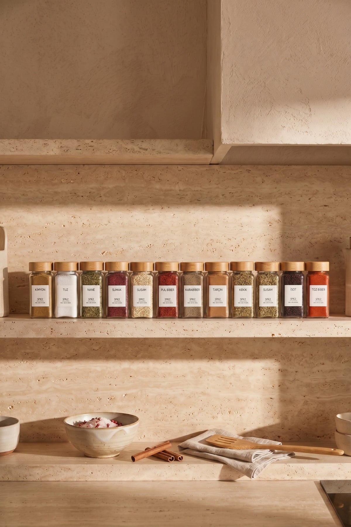 Natura 12’li Bambu Kapaklı Baharatlık Seti 120 mL - 16 Adet Etiket