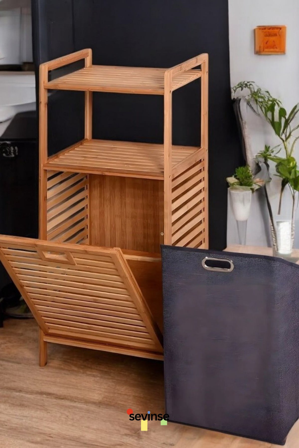 Bambu Kirli Sepetli 2 Raflı Çok Amaçlı Banyo Düzenleyici Çamaşır Sepeti Organizer