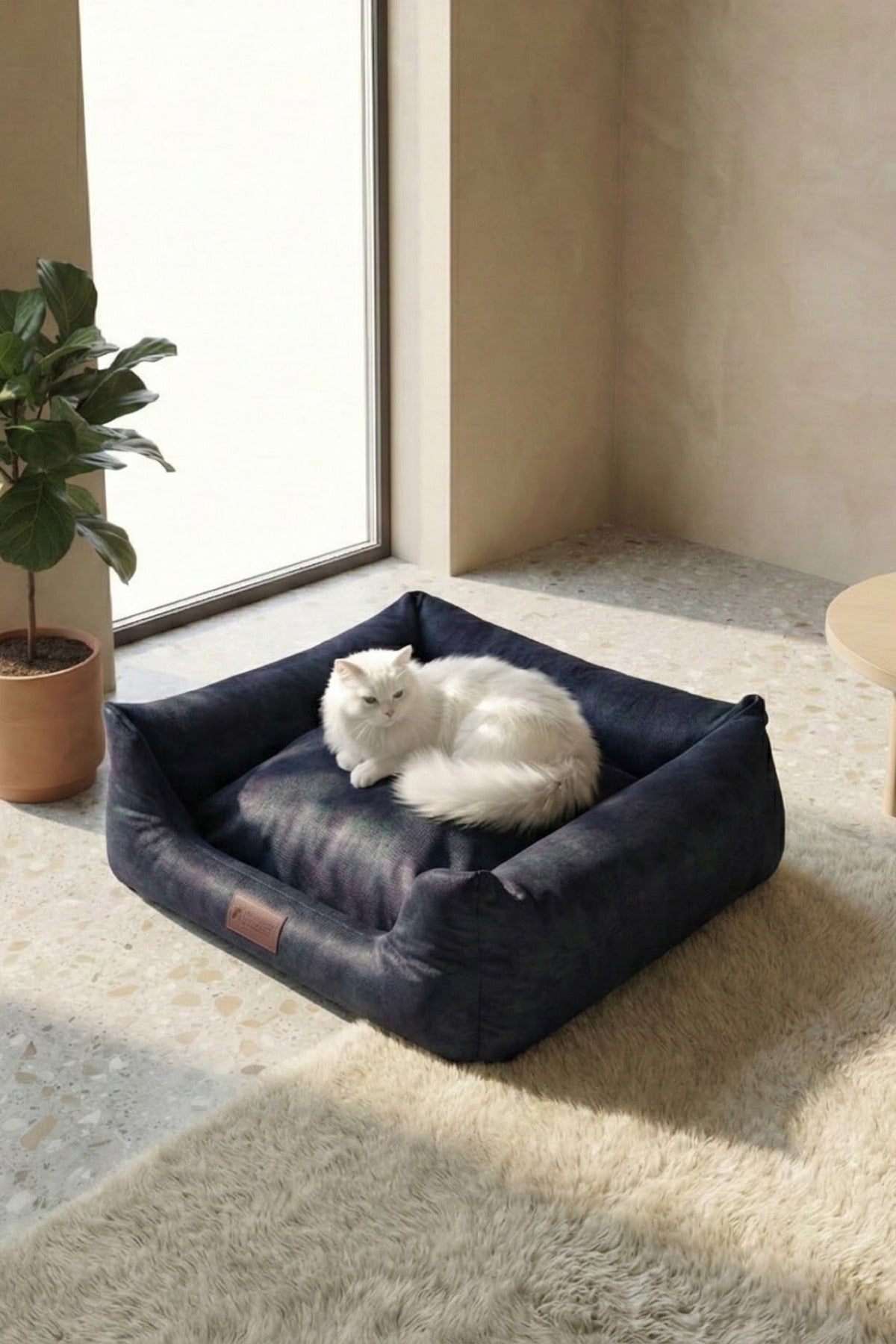Indigo Zümrüt Rengi Kedi ve Köpek Yatağı, Kaymaz Tabanlı, Yıkanabilir Kılıf ve Minder