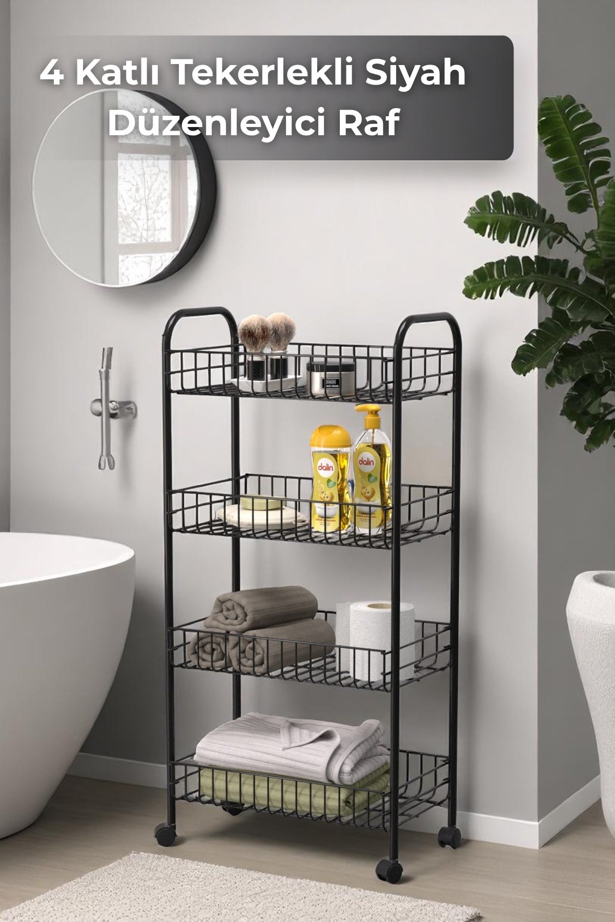 4 Katlı Beyaz Tekerlekli Banyo Rafı, Mutfak Rafı, Deterjanlık, Sebzelik, Makyaj Çok Amaçlı Organizer