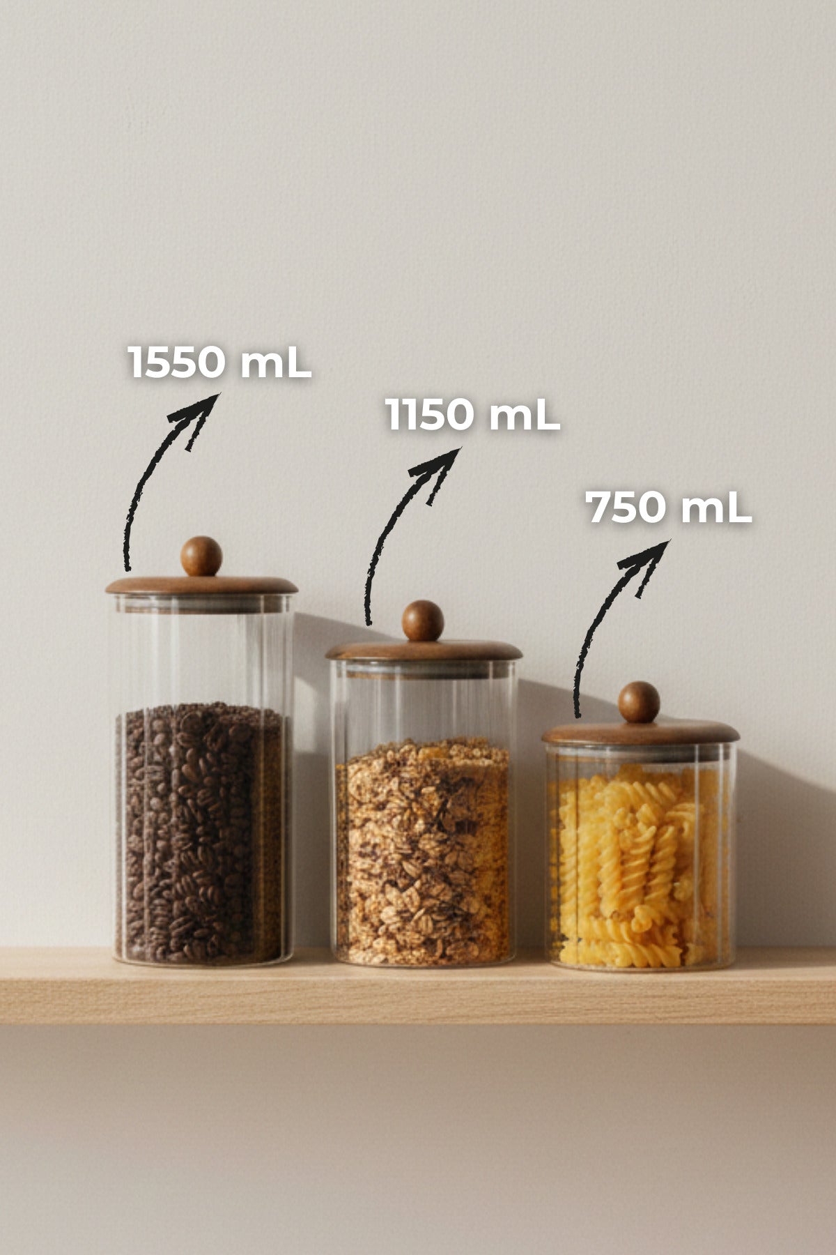 GAİA 3'lü Akasya Kapaklı Üçlü Kavanoz Seti, Baharatlık, Şekerlik (1550 - 1150 - 750 mL)