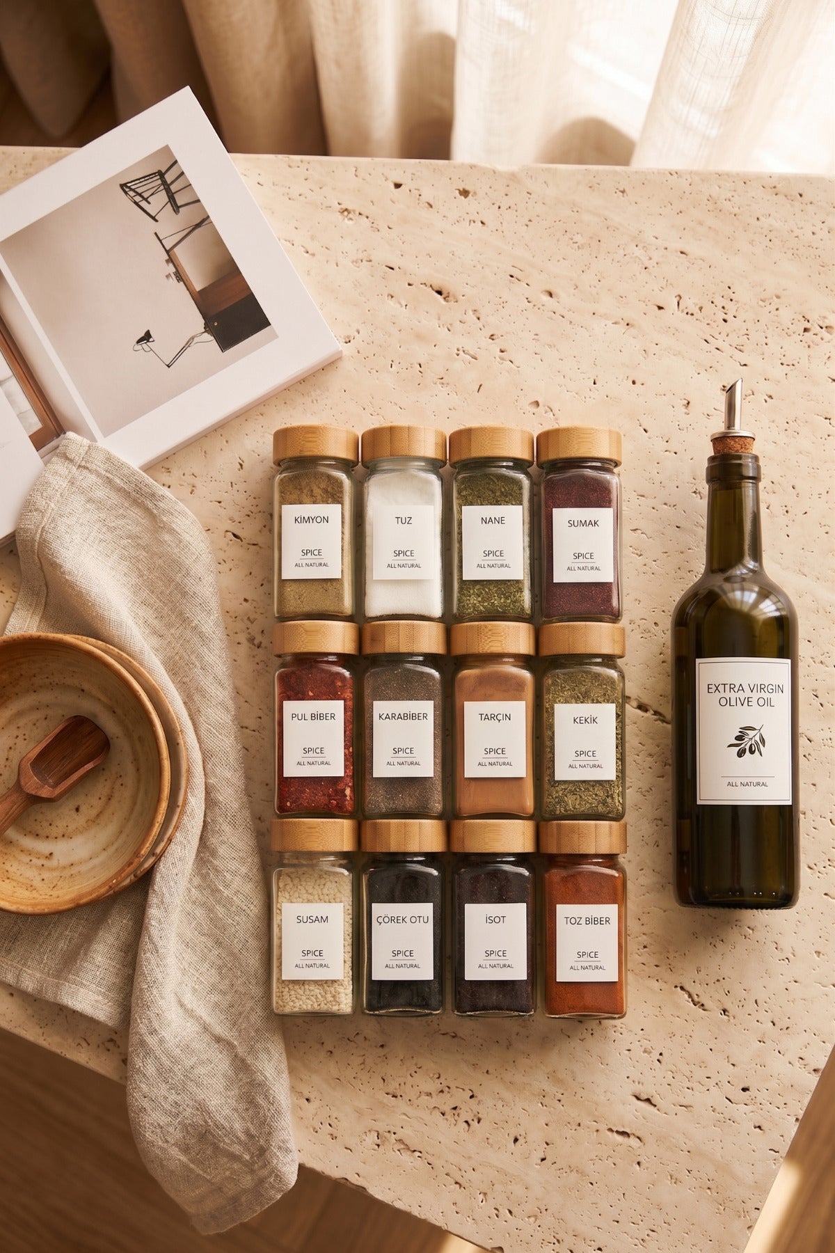 Natura 12’li Bambu Kapaklı Baharatlık Seti 120 mL - 16 Adet Etiket
