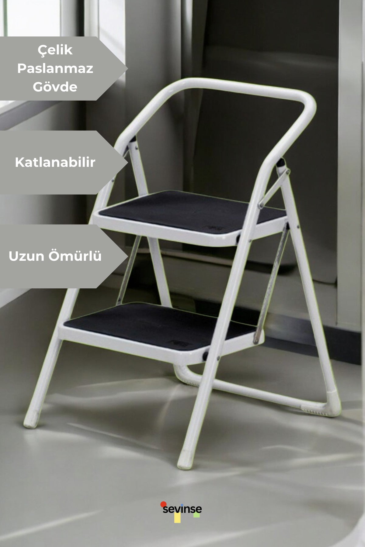 2 Basamaklı Katlanabilir Paslanmaz Çelik Merdiven Beyaz