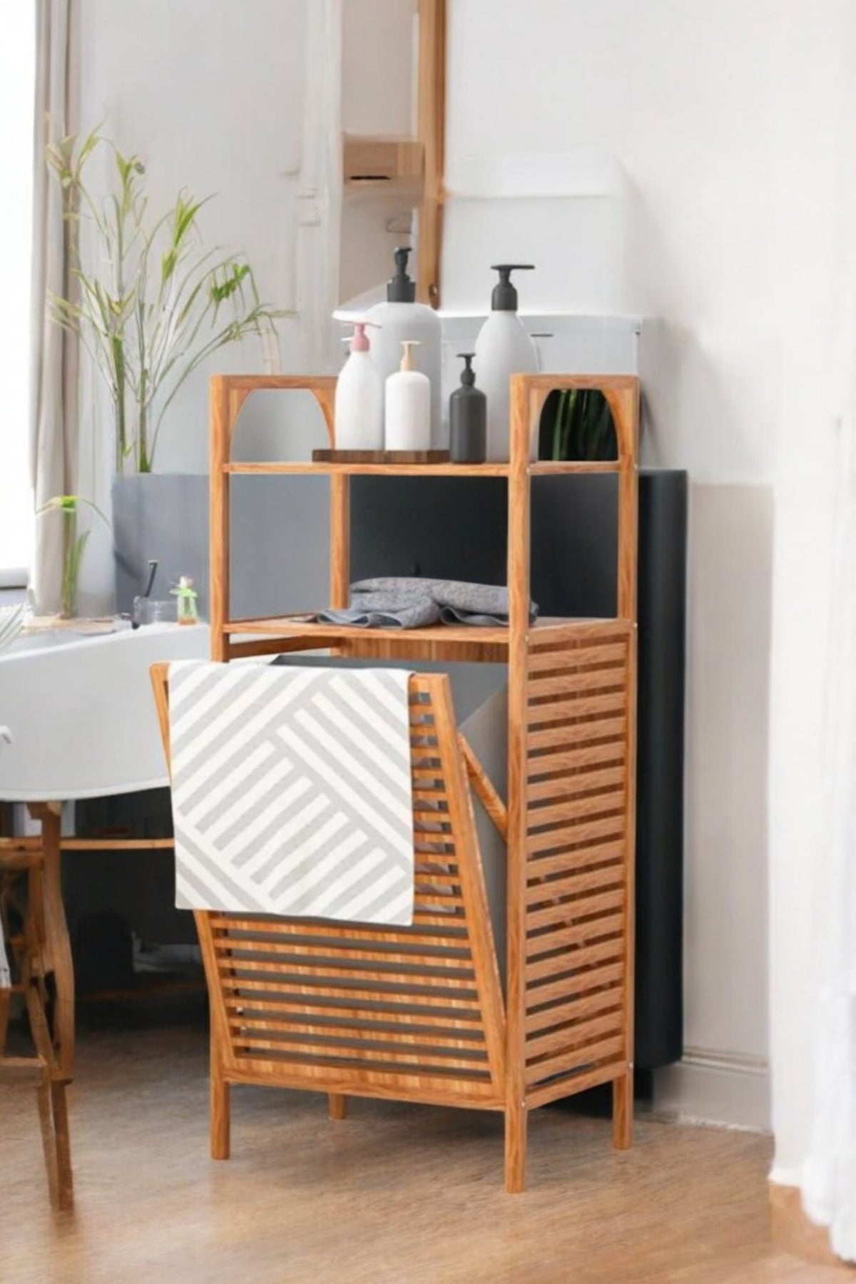 Bambu Kirli Sepetli 2 Raflı Çok Amaçlı Banyo Düzenleyici Çamaşır Sepeti Organizer