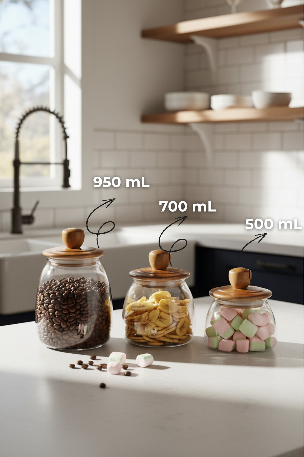 NUA Üçlü Akasya Vakumlu Kapaklı Kavanoz Seti ( 950 - 700 - 500 mL )