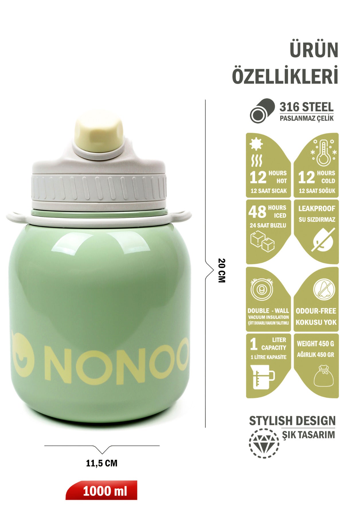 Nonoo 316 Çelik 1 Litre Mor Termos - Çift Katmanlı Yalıtım, Koku Tutmaz, Hafif ve Sağlam