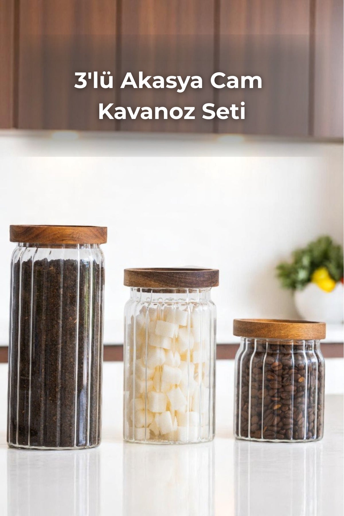 3'lü Vakumlu Akasya Kapaklı Cam Kavanoz - Erzak/Bakliyat Saklama Kabı Seti