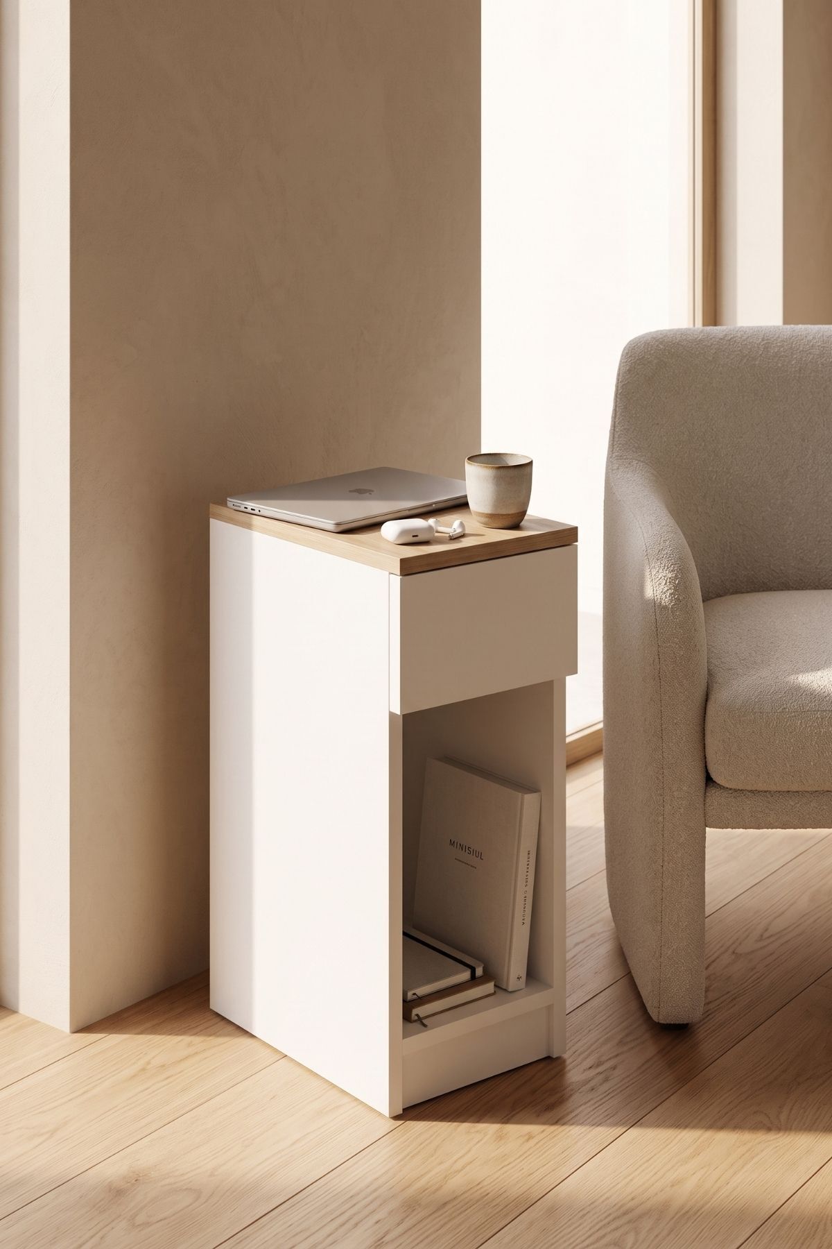 ORA Yan Sehpa - Meşe Tablalı Modern C Sehpa - Açık Raflı Minimal Koltuk Yanı Sehpası