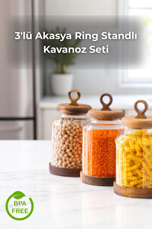 3'lü Akasya Ring Standlı Kavanoz Seti