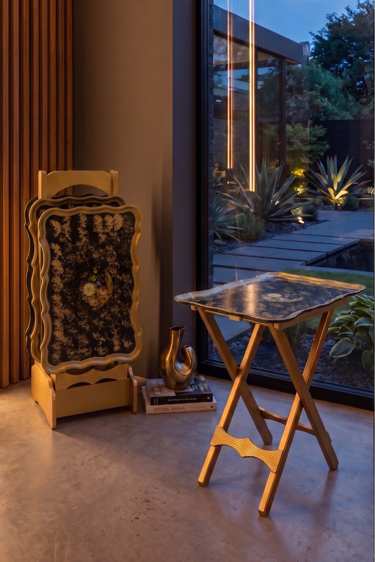 İtalyan Gül Ağacı El Boyama 4'lü Zigon Katlanır Sehpa, Siyah