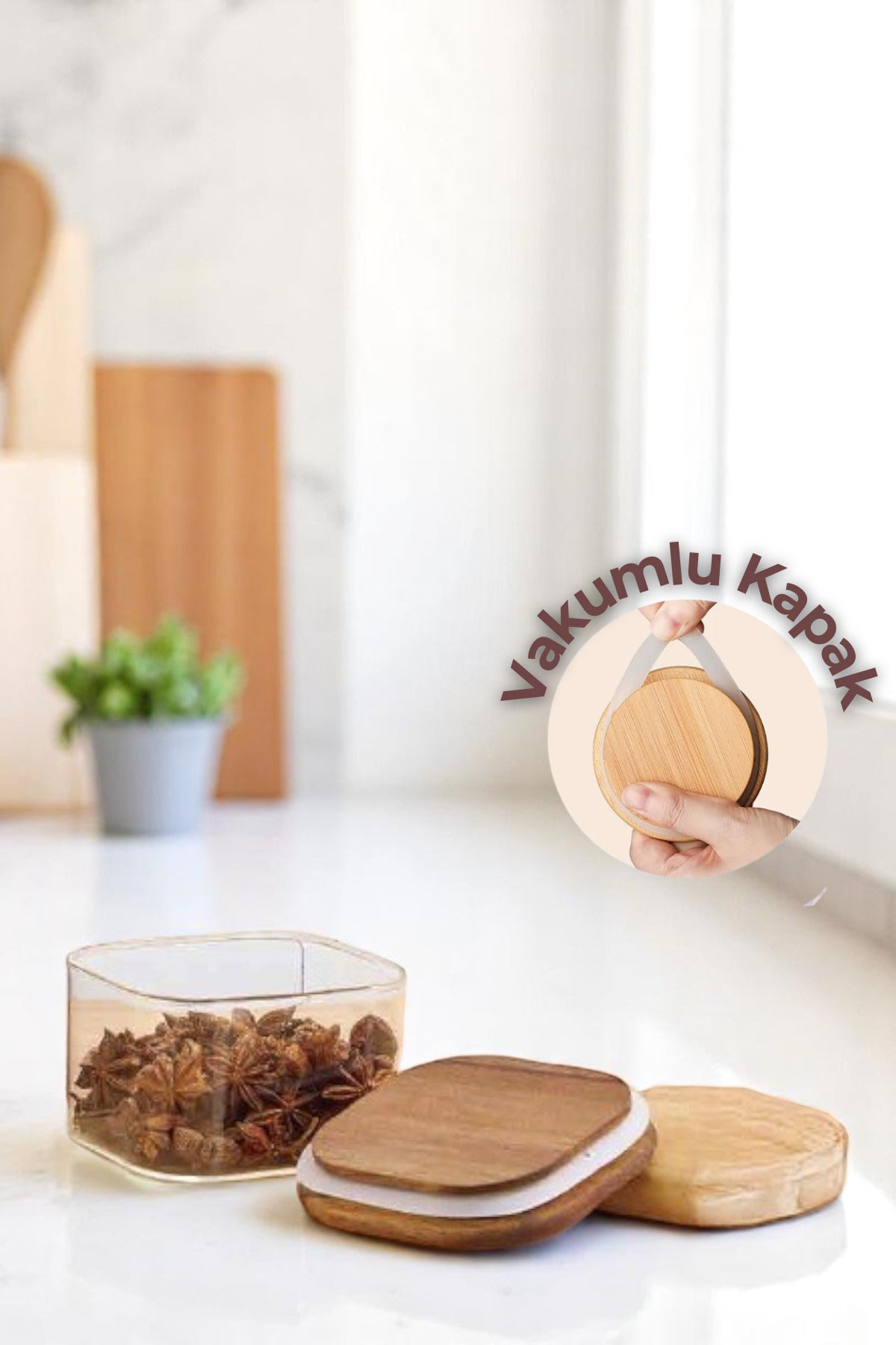 6'lı Akasya Vakumlu Kapaklı Kare Cam 350 mL Kahvaltılık Seti, Çok Amaçlı Cam Çerezlik