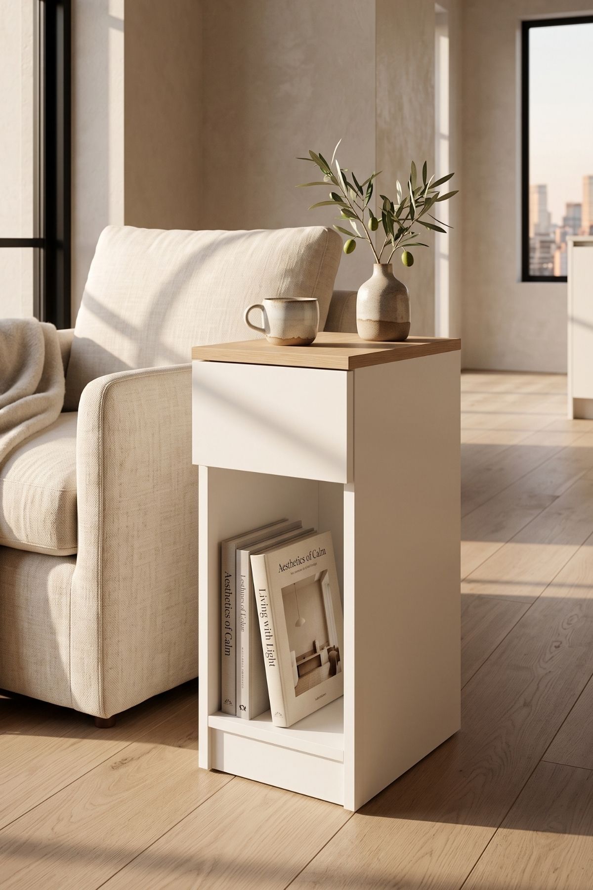 ORA Yan Sehpa - Meşe Tablalı Modern C Sehpa - Açık Raflı Minimal Koltuk Yanı Sehpası