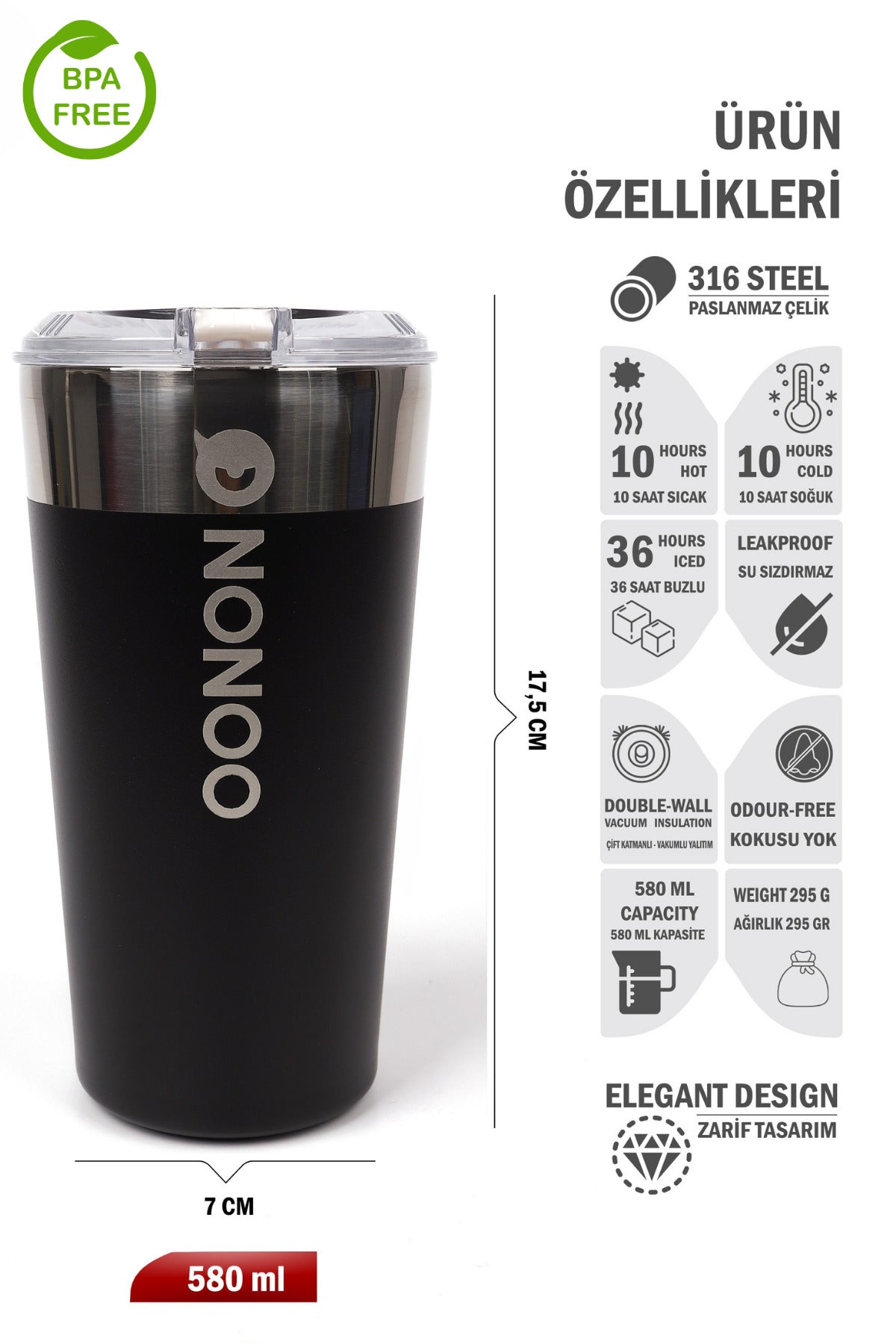 Nonoo Paslanmaz 316 Çelik Vakumlu 580mL Termos, Termos Bardak, Transit Mug Sarı