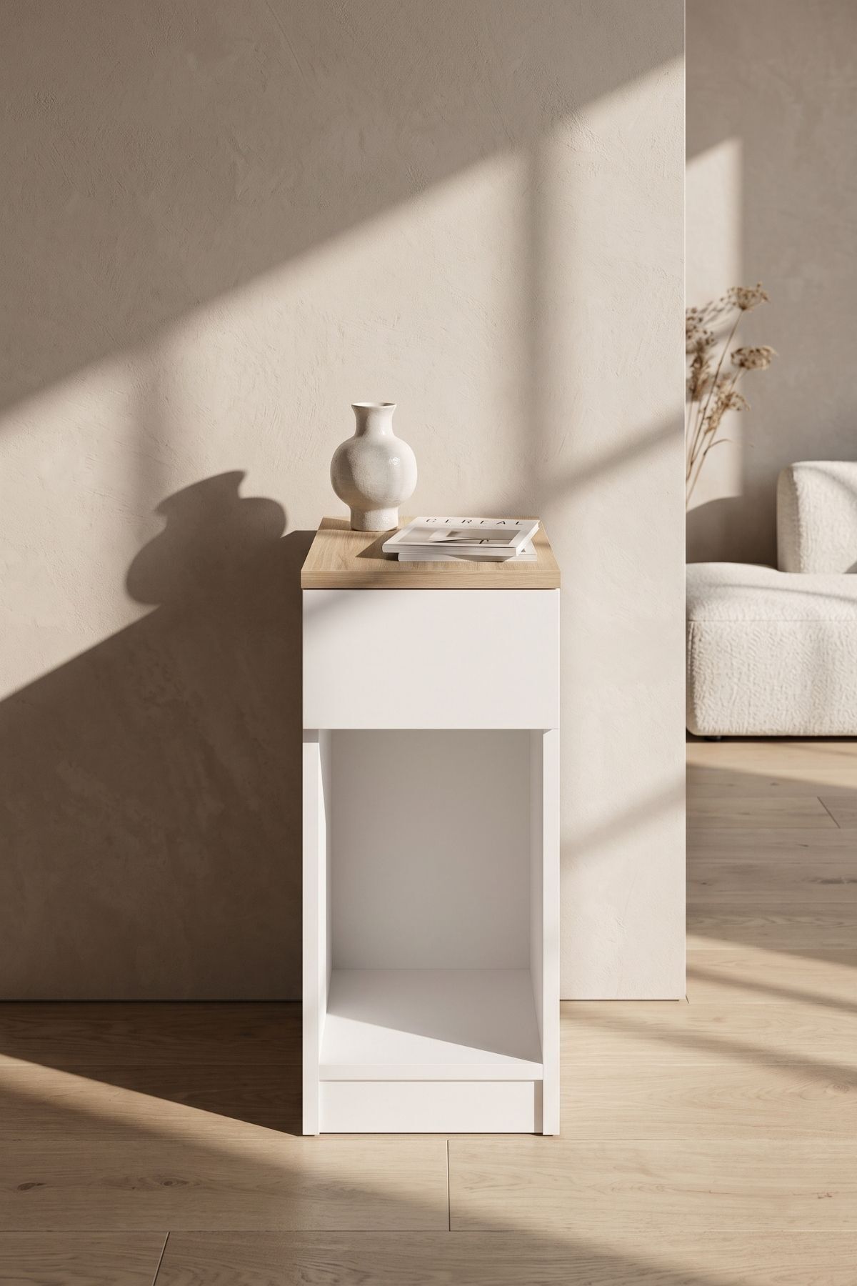 ORA Yan Sehpa - Meşe Tablalı Modern C Sehpa - Açık Raflı Minimal Koltuk Yanı Sehpası