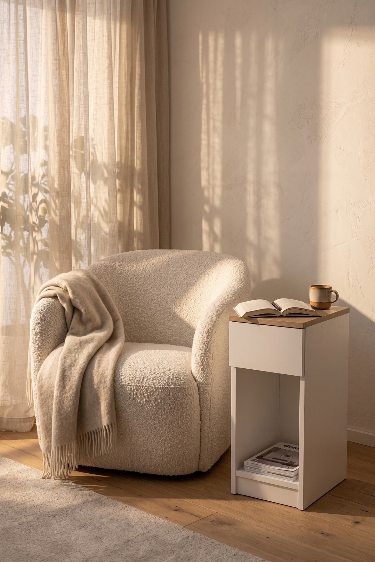 ORA Yan Sehpa - Meşe Tablalı Modern C Sehpa - Açık Raflı Minimal Koltuk Yanı Sehpası