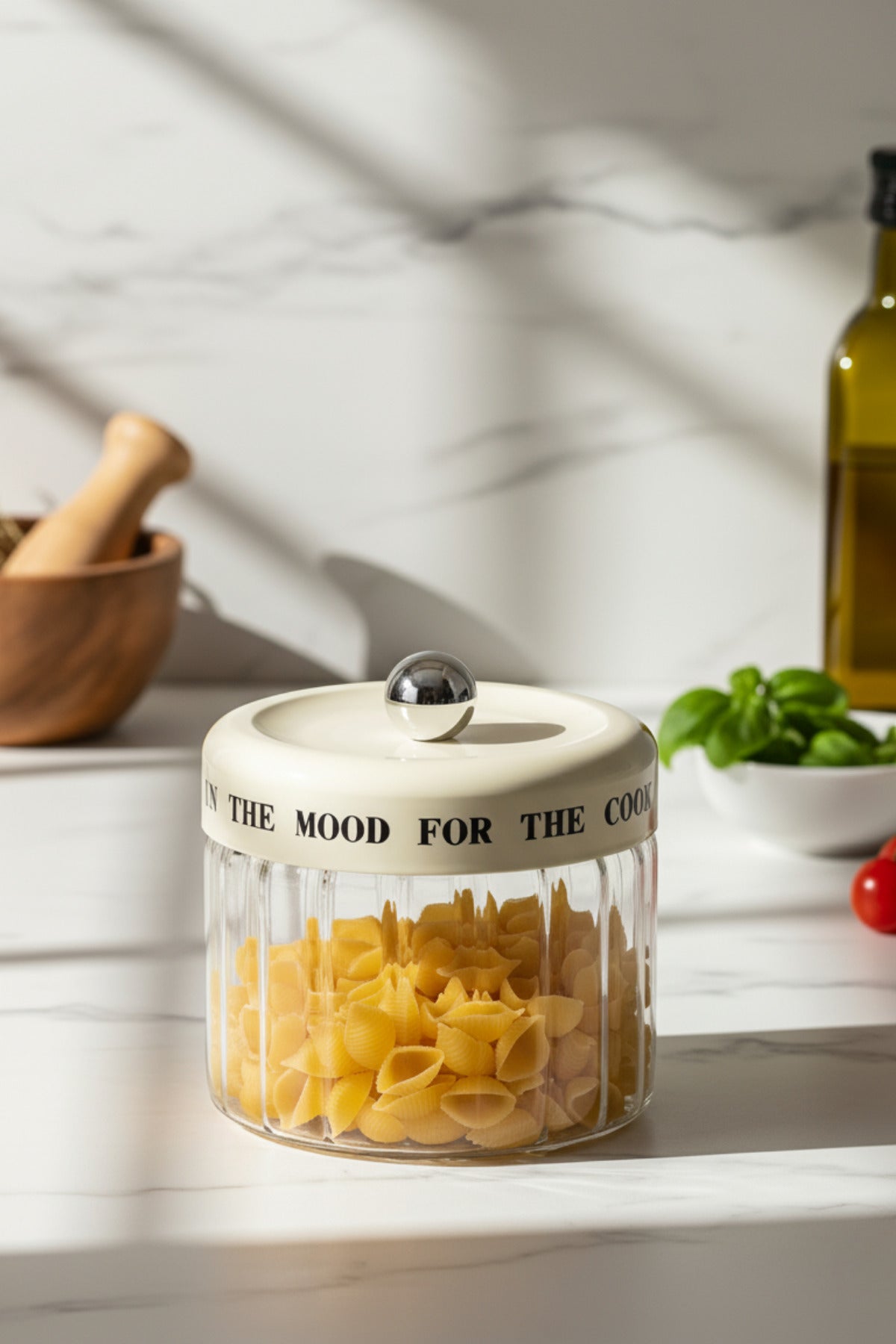 MOOD Krem Çizgili Vakum Kapaklı Motto Cam Kavanoz, Baharatlık, Şekerlik 850 mL