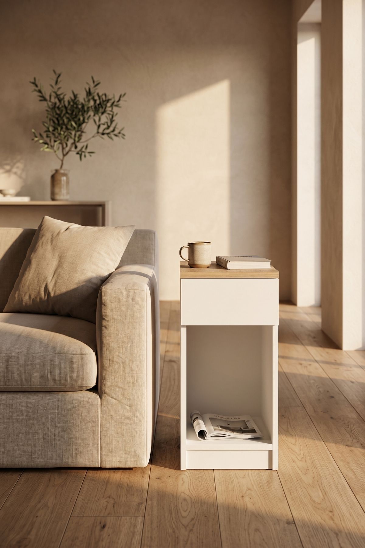 ORA Yan Sehpa - Meşe Tablalı Modern C Sehpa - Açık Raflı Minimal Koltuk Yanı Sehpası