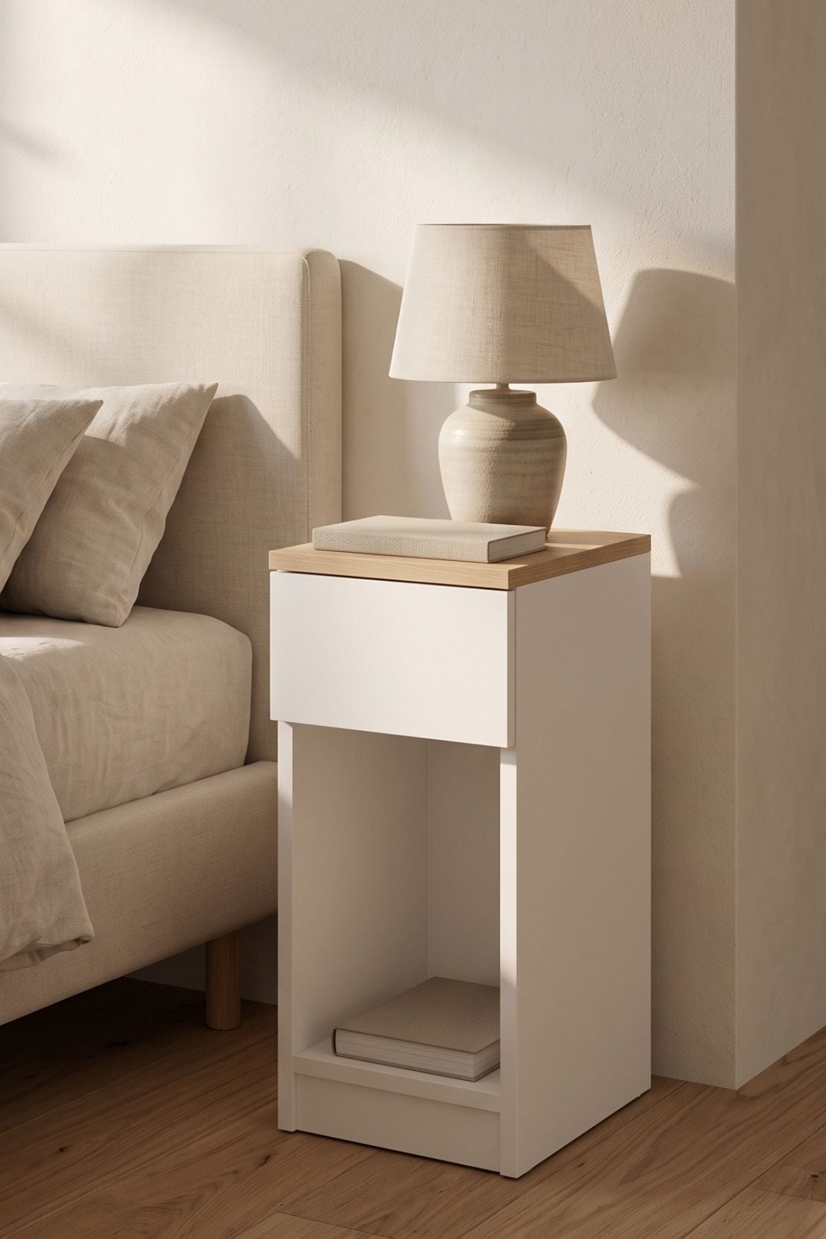 ORA Yan Sehpa - Meşe Tablalı Modern C Sehpa - Açık Raflı Minimal Koltuk Yanı Sehpası