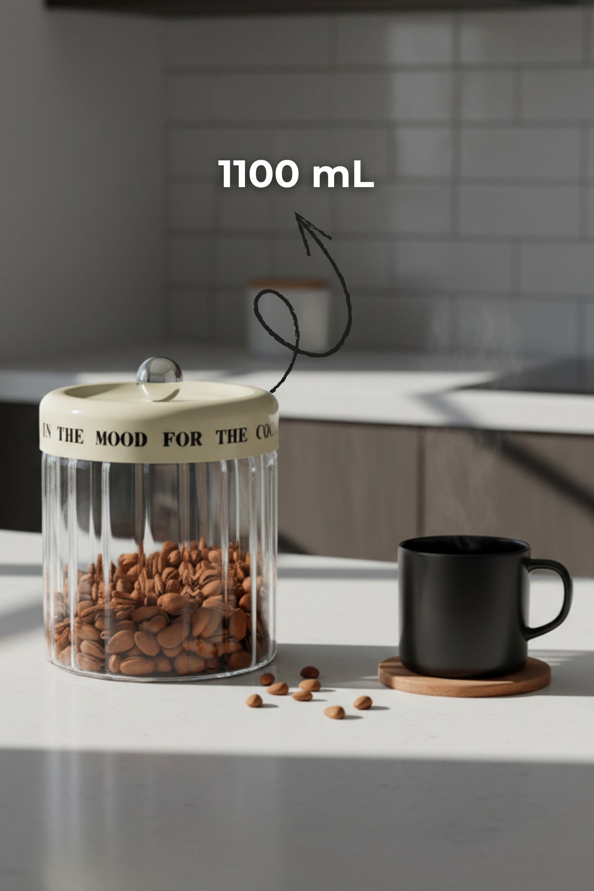 MOOD Krem Vakum Kapaklı Motto Cam Kavanoz Seti 1100 mL