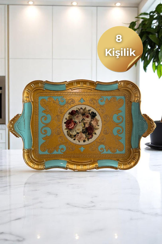 İtalyan Gül Ağacı El Yapımı Tepsi (8 Kişilik) — Turkuaz, 8 kişilik set bilgisiyle önden görünüm