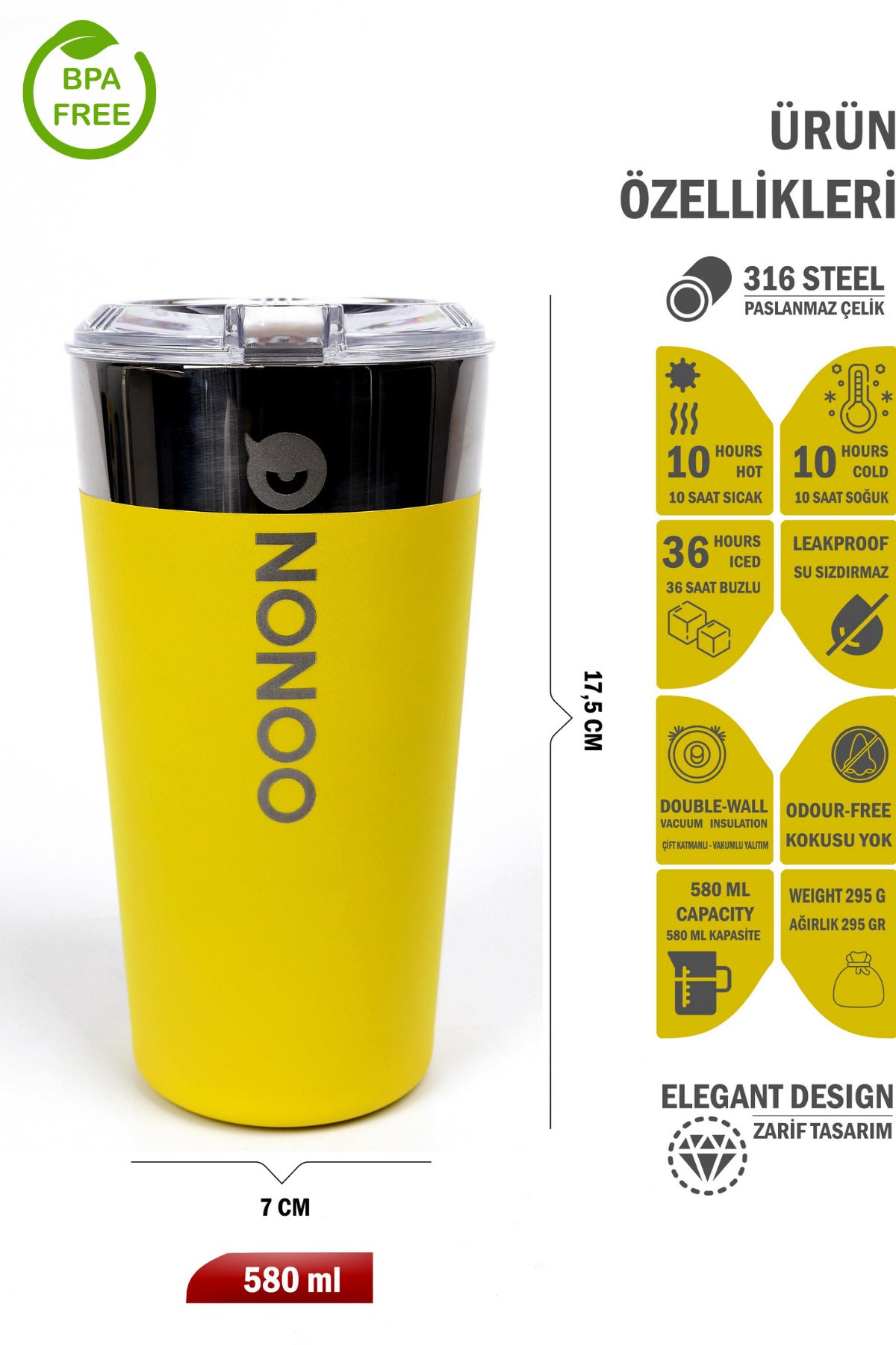 Nonoo Paslanmaz 316 Çelik Vakumlu 580mL Termos, Termos Bardak, Transit Mug Sarı