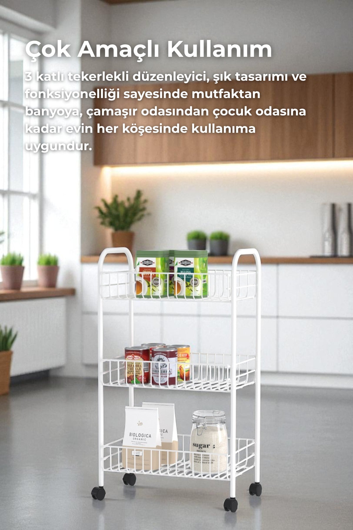 3 Katlı Beyaz Tekerlekli Banyo Rafı, Mutfak Rafı, Deterjanlık, Sebzelik, Makyaj Çok Amaçlı Organizer
