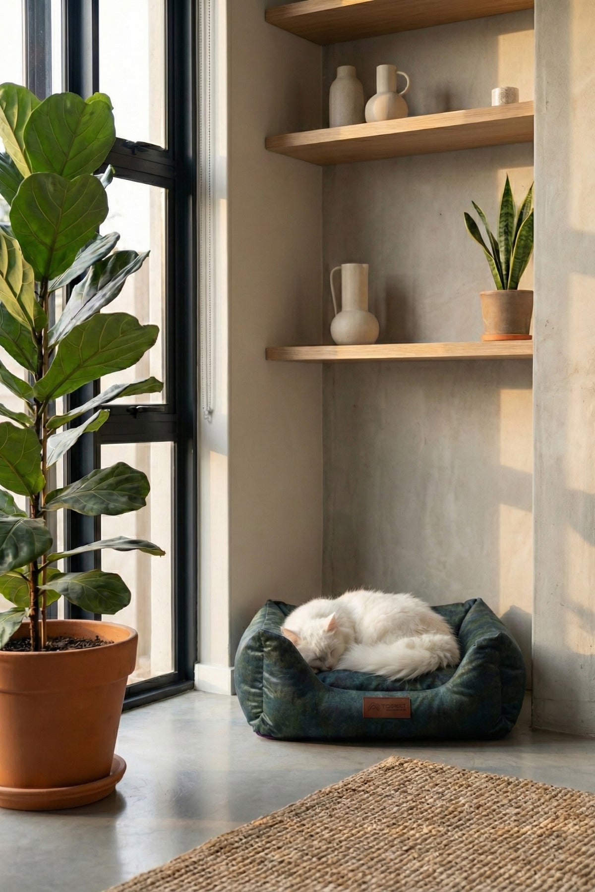 Indigo Zümrüt Rengi Kedi ve Köpek Yatağı, Kaymaz Tabanlı, Yıkanabilir Kılıf ve Minder