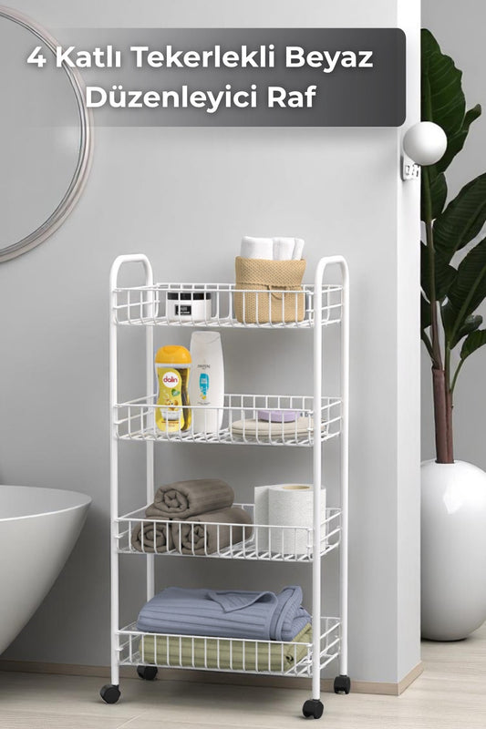 4 Katlı Beyaz Tekerlekli Banyo Rafı, Mutfak Rafı, Deterjanlık, Sebzelik, Makyaj Çok Amaçlı Organizer