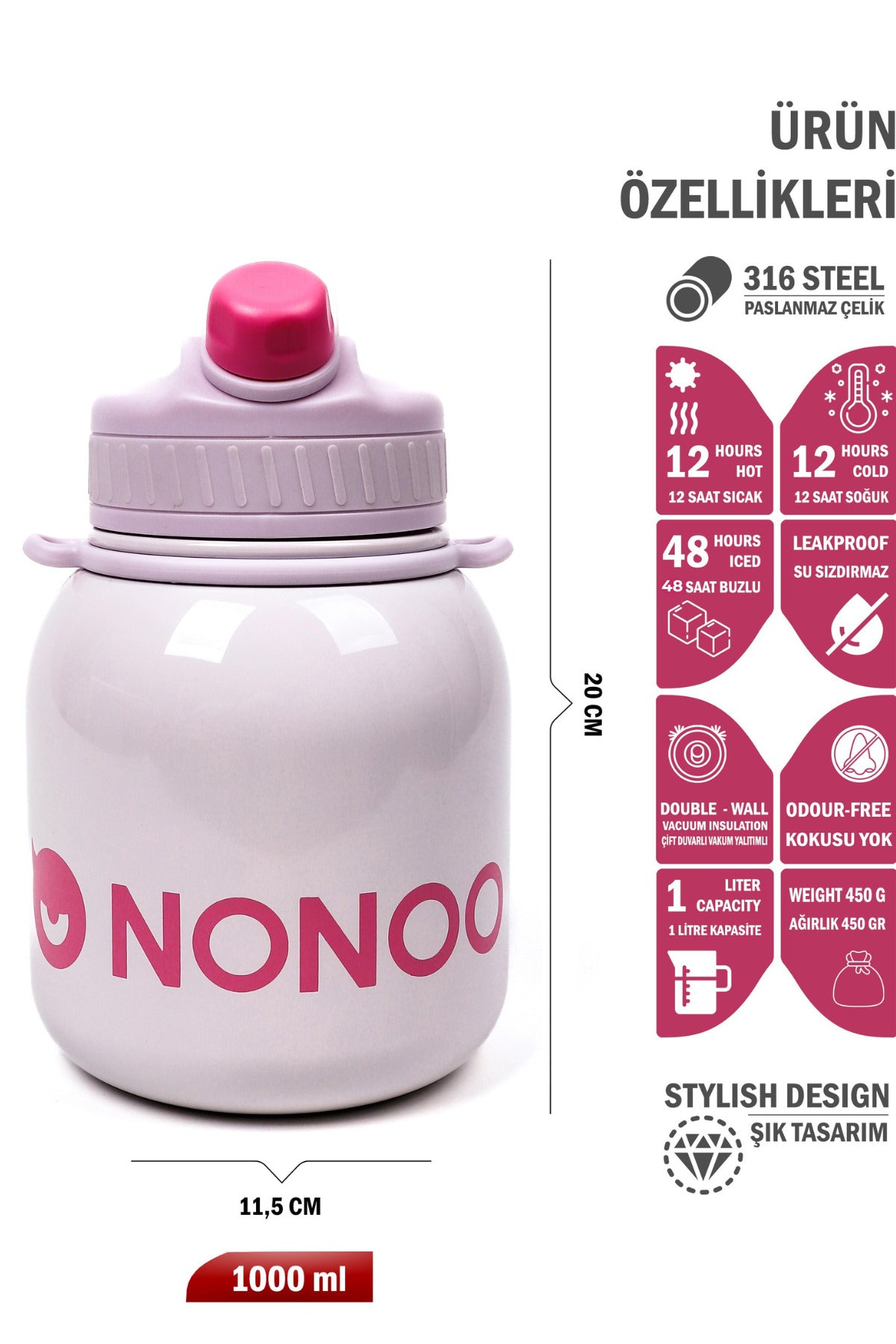 Nonoo 316 Çelik 1 Litre Mor Termos - Çift Katmanlı Yalıtım, Koku Tutmaz, Hafif ve Sağlam