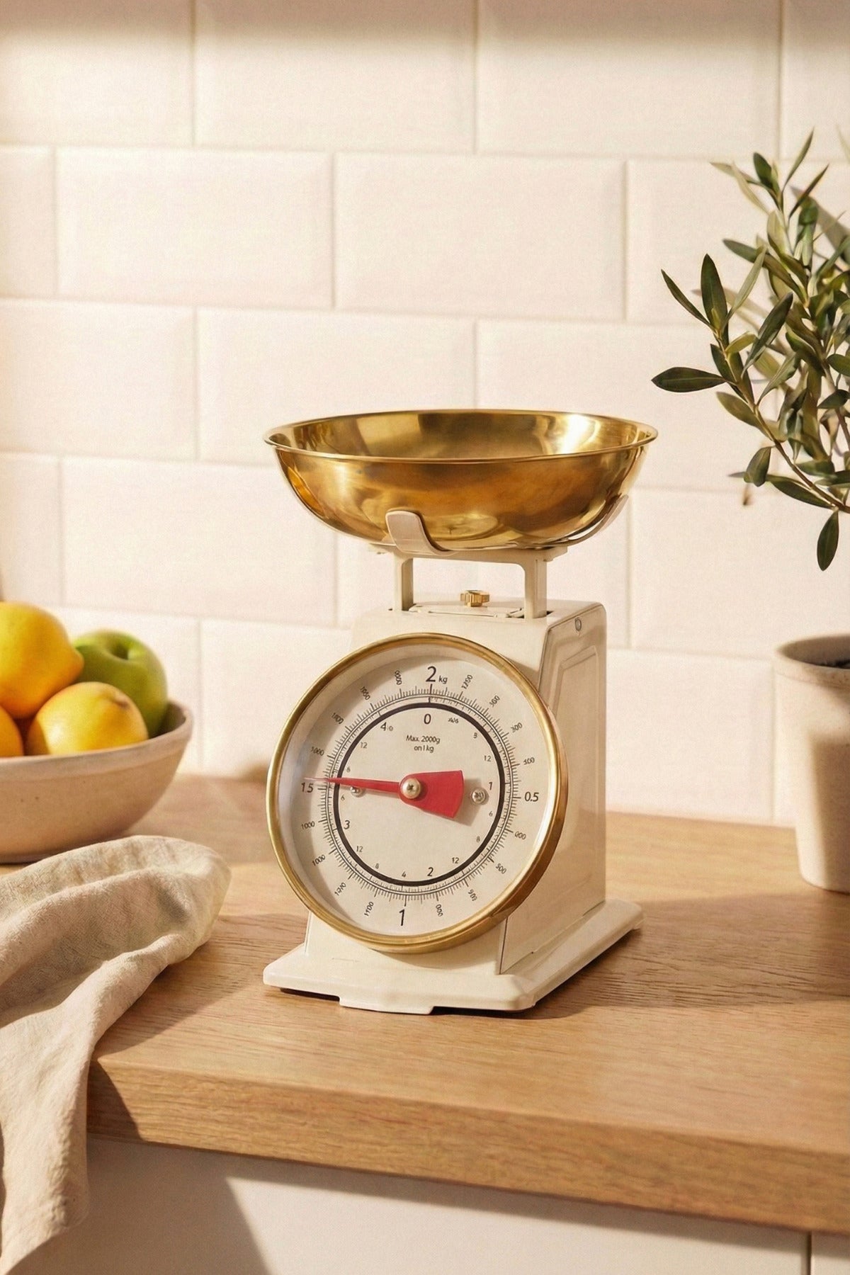 50's Style Retro Krem Gold Analog Mutfak Tartısı, Terazisi – Krem Gövde, Gold Kase