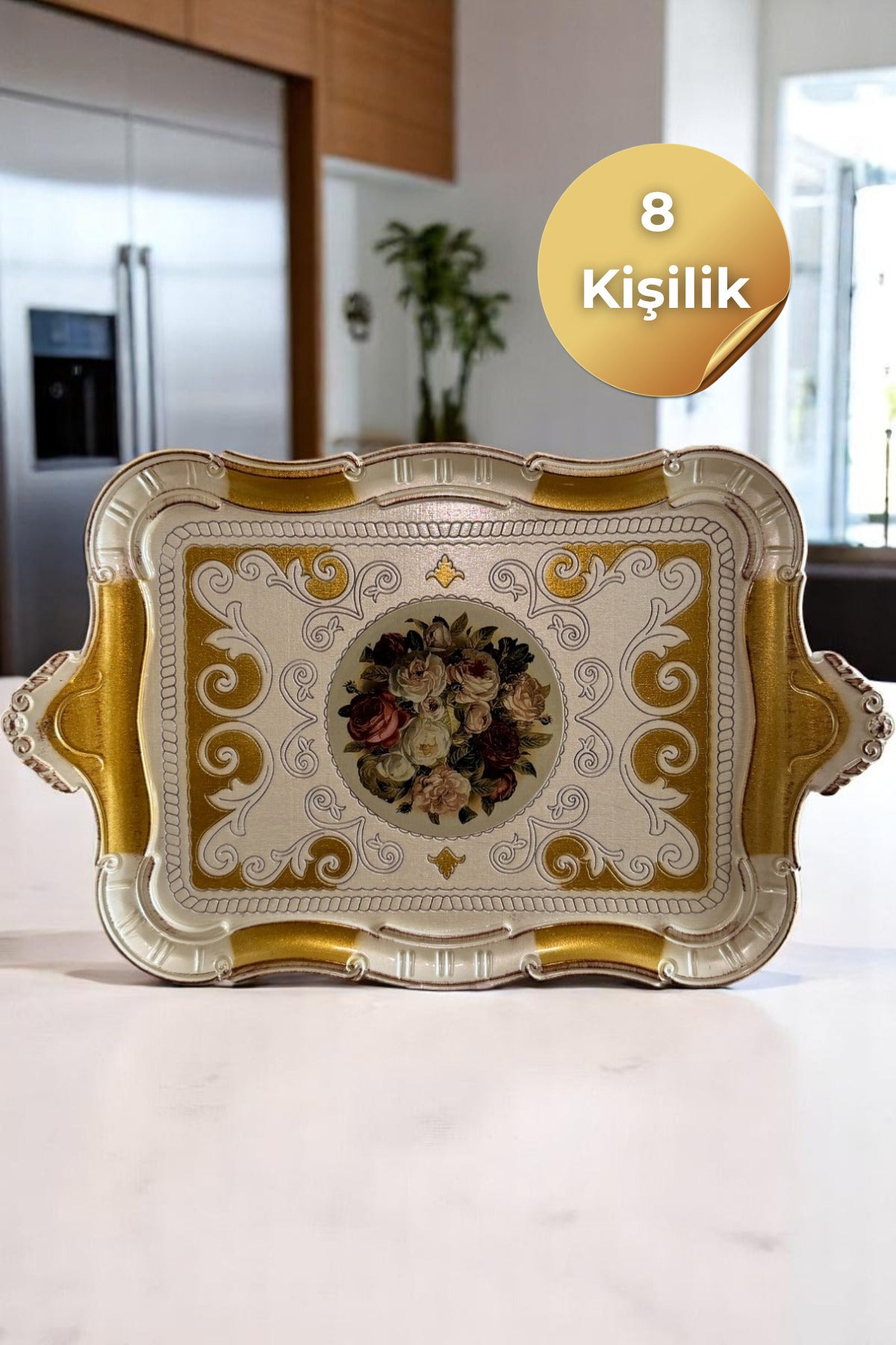 İtalyan Gül Ağacı El Yapımı Tepsi (8 Kişilik) — mermer adada önden ürün görünümü