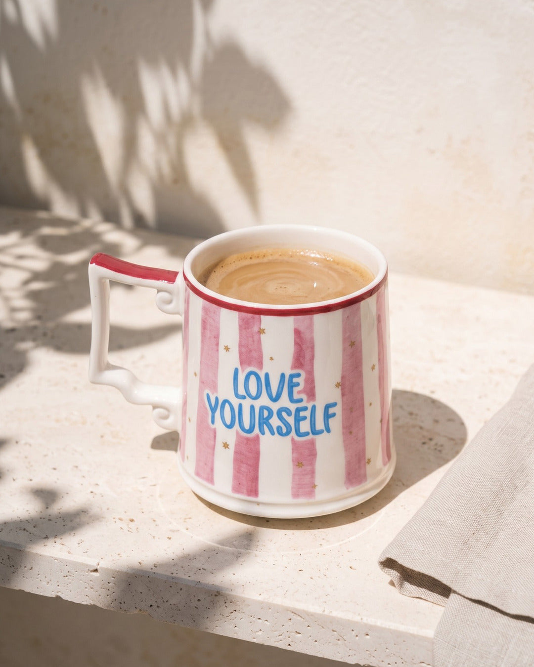 FELİSA Love Yourself porselen kupa — sabah kahvesi, traverten