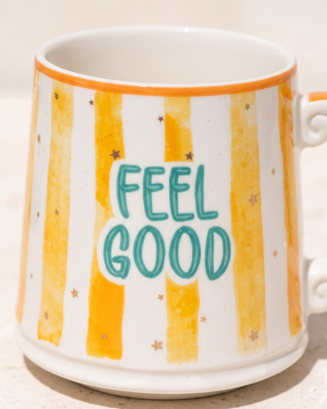 FELİSA Feel Good porselen kupa — baskı ve çizgi detayı